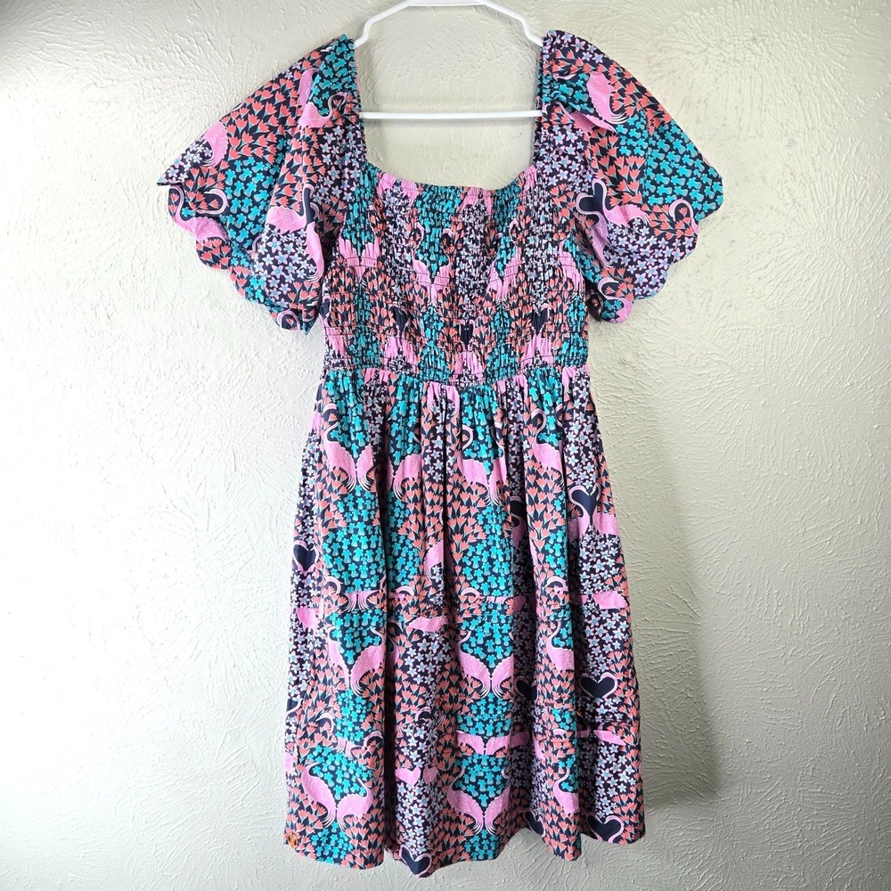 Simply Southern Dress M Tropical Flamingo Novelty Print Smocked BabyDoll Mini